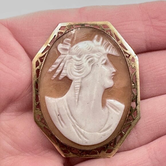 Cameo Brooch, Vintage, Carved Shell, Goddess Demeter, Victorian, Gold, Antique - Picture 3 of 7